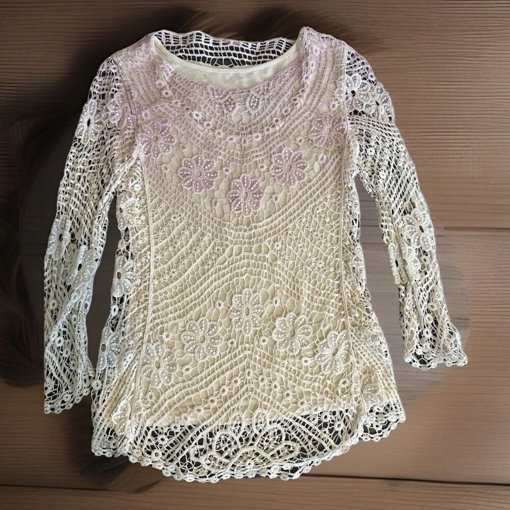 V Cristina Pink Ivory Ombre Crochet Top Small Vacation Boho Chic‎ Sweater Beach - Picture 6 of 9